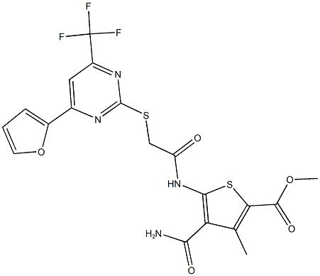 methyl 4-(aminocarbonyl)-5-[({[4-(2-furyl)-6-(trifluoromethyl)-2-pyrimidinyl]sulfanyl}acetyl)amino]-3-methyl-2-thiophenecarboxylate Struktur