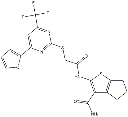 2-[({[4-(2-furyl)-6-(trifluoromethyl)-2-pyrimidinyl]sulfanyl}acetyl)amino]-5,6-dihydro-4H-cyclopenta[b]thiophene-3-carboxamide 结构式