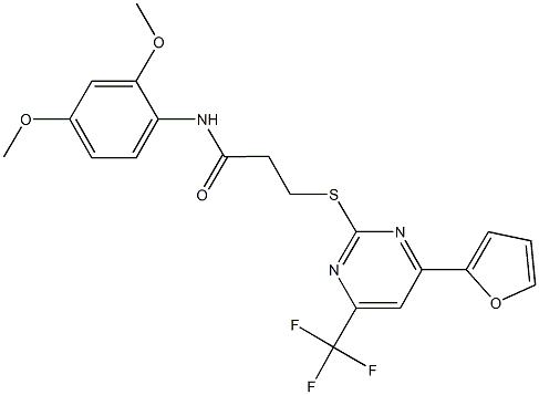 N-(2,4-dimethoxyphenyl)-3-{[4-(2-furyl)-6-(trifluoromethyl)-2-pyrimidinyl]sulfanyl}propanamide 化学構造式