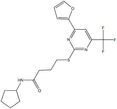 N-cyclopentyl-4-{[4-(2-furyl)-6-(trifluoromethyl)-2-pyrimidinyl]sulfanyl}butanamide 化学構造式