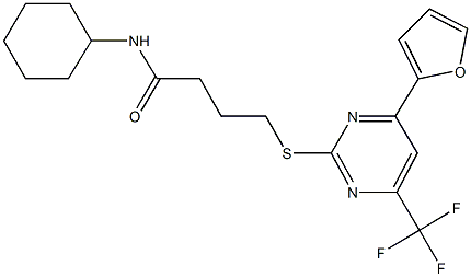N-cyclohexyl-4-{[4-(2-furyl)-6-(trifluoromethyl)-2-pyrimidinyl]sulfanyl}butanamide Struktur