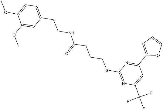 N-[2-(3,4-dimethoxyphenyl)ethyl]-4-{[4-(2-furyl)-6-(trifluoromethyl)-2-pyrimidinyl]sulfanyl}butanamide 结构式