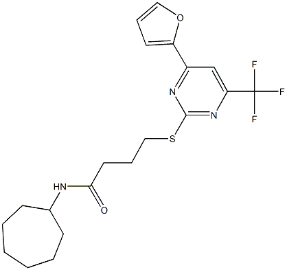 N-cycloheptyl-4-{[4-(2-furyl)-6-(trifluoromethyl)-2-pyrimidinyl]sulfanyl}butanamide Struktur