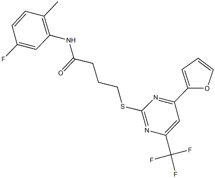 N-(5-fluoro-2-methylphenyl)-4-{[4-(2-furyl)-6-(trifluoromethyl)-2-pyrimidinyl]sulfanyl}butanamide Struktur