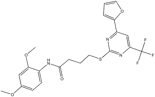 N-(2,4-dimethoxyphenyl)-4-{[4-(2-furyl)-6-(trifluoromethyl)-2-pyrimidinyl]sulfanyl}butanamide Struktur