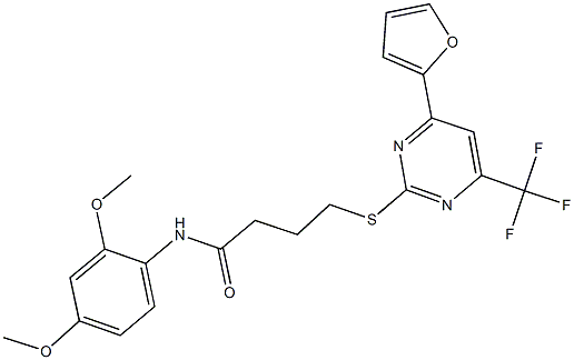 N-(2,4-dimethoxyphenyl)-4-{[4-(2-furyl)-6-(trifluoromethyl)-2-pyrimidinyl]sulfanyl}butanamide 化学構造式