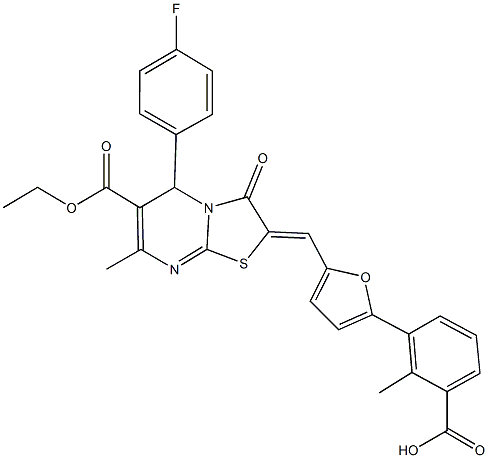 3-{5-[(6-(ethoxycarbonyl)-5-(4-fluorophenyl)-7-methyl-3-oxo-5H-[1,3]thiazolo[3,2-a]pyrimidin-2(3H)-ylidene)methyl]-2-furyl}-2-methylbenzoic acid,506436-58-4,结构式