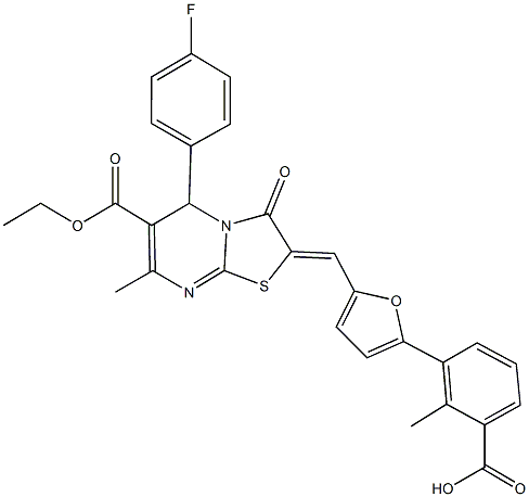 3-{5-[(6-(ethoxycarbonyl)-5-(4-fluorophenyl)-7-methyl-3-oxo-5H-[1,3]thiazolo[3,2-a]pyrimidin-2(3H)-ylidene)methyl]-2-furyl}-2-methylbenzoic acid|