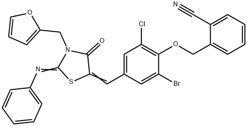 2-[(2-bromo-6-chloro-4-{[3-(2-furylmethyl)-4-oxo-2-(phenylimino)-1,3-thiazolidin-5-ylidene]methyl}phenoxy)methyl]benzonitrile Struktur
