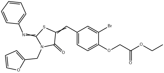 ethyl (2-bromo-4-{[3-(2-furylmethyl)-4-oxo-2-(phenylimino)-1,3-thiazolidin-5-ylidene]methyl}phenoxy)acetate 化学構造式