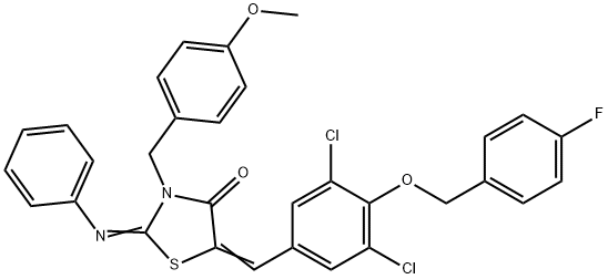 5-{3,5-dichloro-4-[(4-fluorobenzyl)oxy]benzylidene}-3-(4-methoxybenzyl)-2-(phenylimino)-1,3-thiazolidin-4-one Struktur