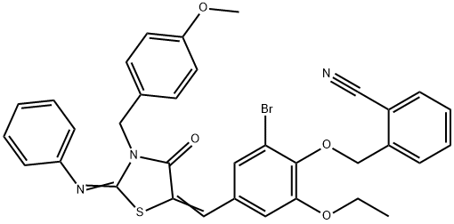 506447-33-2 2-[(2-bromo-6-ethoxy-4-{[3-(4-methoxybenzyl)-4-oxo-2-(phenylimino)-1,3-thiazolidin-5-ylidene]methyl}phenoxy)methyl]benzonitrile