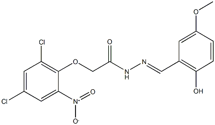 2-{2,4-dichloro-6-nitrophenoxy}-N'-(2-hydroxy-5-methoxybenzylidene)acetohydrazide Struktur