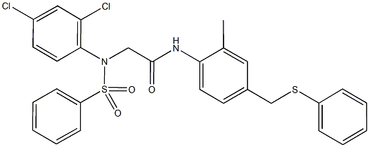 2-[2,4-dichloro(phenylsulfonyl)anilino]-N-{2-methyl-4-[(phenylsulfanyl)methyl]phenyl}acetamide Struktur