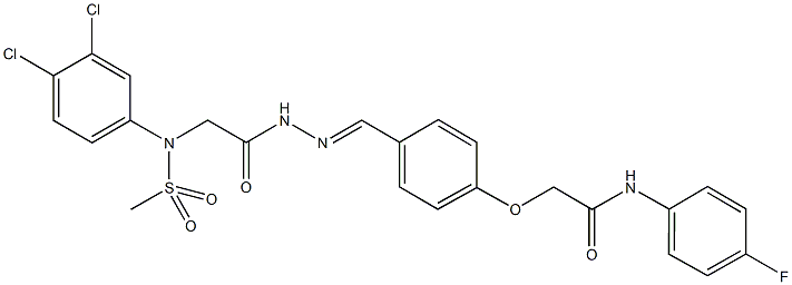 2-[4-(2-{[3,4-dichloro(methylsulfonyl)anilino]acetyl}carbohydrazonoyl)phenoxy]-N-(4-fluorophenyl)acetamide Struktur