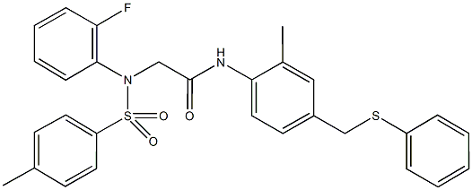 2-{2-fluoro[(4-methylphenyl)sulfonyl]anilino}-N-{2-methyl-4-[(phenylsulfanyl)methyl]phenyl}acetamide,508184-88-1,结构式