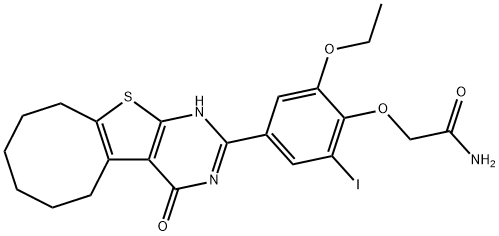 2-[2-ethoxy-6-iodo-4-(4-oxo-3,4,5,6,7,8,9,10-octahydrocycloocta[4,5]thieno[2,3-d]pyrimidin-2-yl)phenoxy]acetamide Struktur