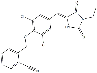 2-({2,6-dichloro-4-[(1-ethyl-5-oxo-2-thioxo-4-imidazolidinylidene)methyl]phenoxy}methyl)benzonitrile Struktur