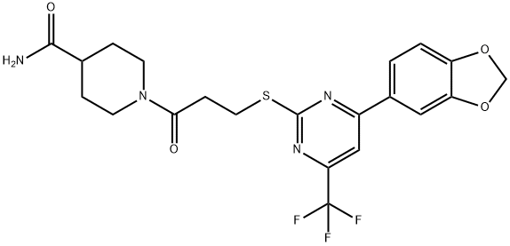 1-(3-{[4-(1,3-benzodioxol-5-yl)-6-(trifluoromethyl)-2-pyrimidinyl]sulfanyl}propanoyl)-4-piperidinecarboxamide|