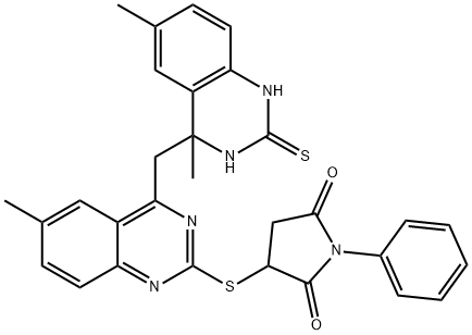 3-({4-[(4,6-dimethyl-2-sulfanyl-3,4-dihydroquinazolin-4-yl)methyl]-6-methylquinazolin-2-yl}sulfanyl)-1-phenylpyrrolidine-2,5-dione 结构式