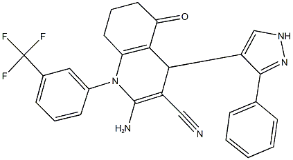 2-amino-5-oxo-4-(3-phenyl-1H-pyrazol-4-yl)-1-[3-(trifluoromethyl)phenyl]-1,4,5,6,7,8-hexahydro-3-quinolinecarbonitrile Struktur