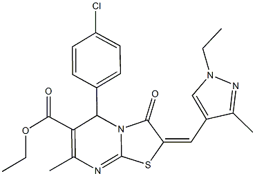 ethyl 5-(4-chlorophenyl)-2-[(1-ethyl-3-methyl-1H-pyrazol-4-yl)methylene]-7-methyl-3-oxo-2,3-dihydro-5H-[1,3]thiazolo[3,2-a]pyrimidine-6-carboxylate 结构式