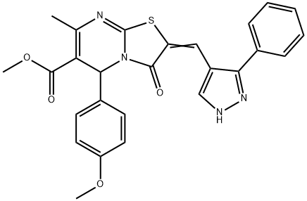 methyl 5-(4-methoxyphenyl)-7-methyl-3-oxo-2-[(3-phenyl-1H-pyrazol-4-yl)methylene]-2,3-dihydro-5H-[1,3]thiazolo[3,2-a]pyrimidine-6-carboxylate 化学構造式