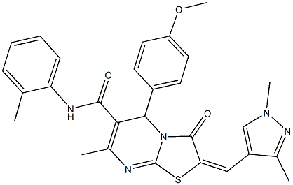 2-[(1,3-dimethyl-1H-pyrazol-4-yl)methylene]-5-(4-methoxyphenyl)-7-methyl-N-(2-methylphenyl)-3-oxo-2,3-dihydro-5H-[1,3]thiazolo[3,2-a]pyrimidine-6-carboxamide,512810-85-4,结构式