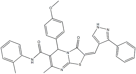 5-(4-methoxyphenyl)-7-methyl-N-(2-methylphenyl)-3-oxo-2-[(3-phenyl-1H-pyrazol-4-yl)methylene]-2,3-dihydro-5H-[1,3]thiazolo[3,2-a]pyrimidine-6-carboxamide Struktur