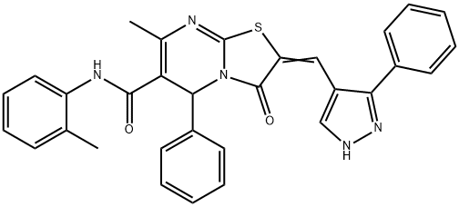 7-methyl-N-(2-methylphenyl)-3-oxo-5-phenyl-2-[(3-phenyl-1H-pyrazol-4-yl)methylene]-2,3-dihydro-5H-[1,3]thiazolo[3,2-a]pyrimidine-6-carboxamide 结构式