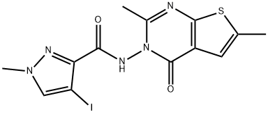 N-(2,6-dimethyl-4-oxothieno[2,3-d]pyrimidin-3(4H)-yl)-4-iodo-1-methyl-1H-pyrazole-3-carboxamide 化学構造式