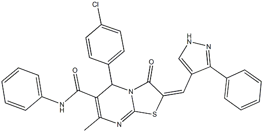 5-(4-chlorophenyl)-7-methyl-3-oxo-N-phenyl-2-[(3-phenyl-1H-pyrazol-4-yl)methylene]-2,3-dihydro-5H-[1,3]thiazolo[3,2-a]pyrimidine-6-carboxamide,512811-96-0,结构式