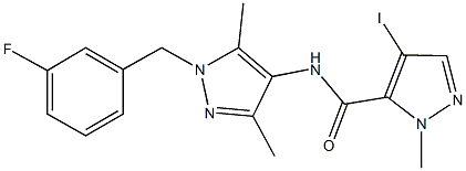 N-[1-(3-fluorobenzyl)-3,5-dimethyl-1H-pyrazol-4-yl]-4-iodo-1-methyl-1H-pyrazole-5-carboxamide Struktur