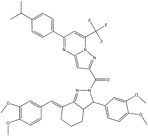 2-{[7-(3,4-dimethoxybenzylidene)-3-(3,4-dimethoxyphenyl)-3,3a,4,5,6,7-hexahydro-2H-indazol-2-yl]carbonyl}-5-(4-isopropylphenyl)-7-(trifluoromethyl)pyrazolo[1,5-a]pyrimidine 化学構造式