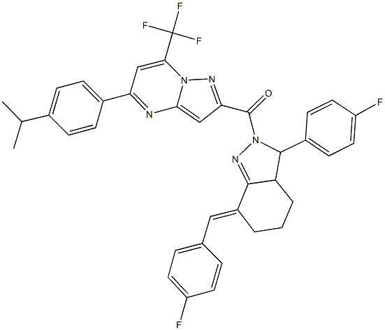 2-{[7-(4-fluorobenzylidene)-3-(4-fluorophenyl)-3,3a,4,5,6,7-hexahydro-2H-indazol-2-yl]carbonyl}-5-(4-isopropylphenyl)-7-(trifluoromethyl)pyrazolo[1,5-a]pyrimidine 化学構造式