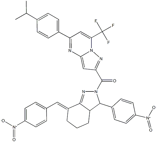 2-[(7-{4-nitrobenzylidene}-3-{4-nitrophenyl}-3,3a,4,5,6,7-hexahydro-2H-indazol-2-yl)carbonyl]-5-(4-isopropylphenyl)-7-(trifluoromethyl)pyrazolo[1,5-a]pyrimidine 结构式