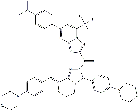 5-(4-isopropylphenyl)-2-({7-[4-(4-morpholinyl)benzylidene]-3-[4-(4-morpholinyl)phenyl]-3,3a,4,5,6,7-hexahydro-2H-indazol-2-yl}carbonyl)-7-(trifluoromethyl)pyrazolo[1,5-a]pyrimidine,512814-83-4,结构式