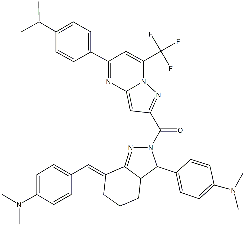 4-(7-[4-(dimethylamino)benzylidene]-2-{[5-(4-isopropylphenyl)-7-(trifluoromethyl)pyrazolo[1,5-a]pyrimidin-2-yl]carbonyl}-3,3a,4,5,6,7-hexahydro-2H-indazol-3-yl)-N,N-dimethylaniline 化学構造式