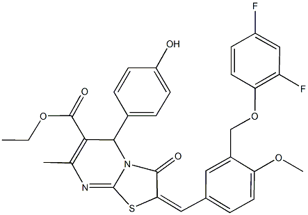 ethyl 2-{3-[(2,4-difluorophenoxy)methyl]-4-methoxybenzylidene}-5-(4-hydroxyphenyl)-7-methyl-3-oxo-2,3-dihydro-5H-[1,3]thiazolo[3,2-a]pyrimidine-6-carboxylate 化学構造式