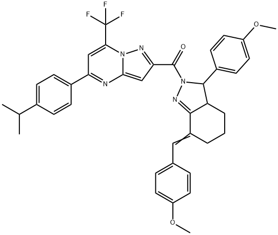 5-(4-isopropylphenyl)-2-{[7-(4-methoxybenzylidene)-3-(4-methoxyphenyl)-3,3a,4,5,6,7-hexahydro-2H-indazol-2-yl]carbonyl}-7-(trifluoromethyl)pyrazolo[1,5-a]pyrimidine 化学構造式