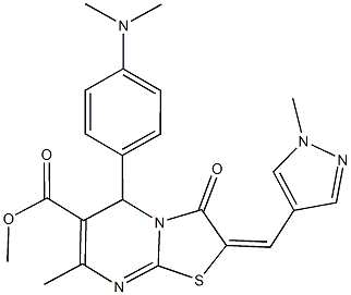 methyl 5-[4-(dimethylamino)phenyl]-7-methyl-2-[(1-methyl-1H-pyrazol-4-yl)methylene]-3-oxo-2,3-dihydro-5H-[1,3]thiazolo[3,2-a]pyrimidine-6-carboxylate 结构式