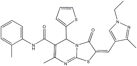 2-[(1-ethyl-3-methyl-1H-pyrazol-4-yl)methylene]-7-methyl-N-(2-methylphenyl)-3-oxo-5-(2-thienyl)-2,3-dihydro-5H-[1,3]thiazolo[3,2-a]pyrimidine-6-carboxamide Struktur