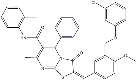 2-{3-[(3-chlorophenoxy)methyl]-4-methoxybenzylidene}-7-methyl-N-(2-methylphenyl)-3-oxo-5-phenyl-2,3-dihydro-5H-[1,3]thiazolo[3,2-a]pyrimidine-6-carboxamide,512815-27-9,结构式