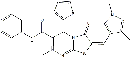 2-[(1,3-dimethyl-1H-pyrazol-4-yl)methylene]-7-methyl-3-oxo-N-phenyl-5-(2-thienyl)-2,3-dihydro-5H-[1,3]thiazolo[3,2-a]pyrimidine-6-carboxamide 化学構造式