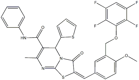 2-{4-methoxy-3-[(2,3,5,6-tetrafluorophenoxy)methyl]benzylidene}-7-methyl-3-oxo-N-phenyl-5-(2-thienyl)-2,3-dihydro-5H-[1,3]thiazolo[3,2-a]pyrimidine-6-carboxamide 化学構造式