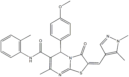 2-[(1,5-dimethyl-1H-pyrazol-4-yl)methylene]-5-(4-methoxyphenyl)-7-methyl-N-(2-methylphenyl)-3-oxo-2,3-dihydro-5H-[1,3]thiazolo[3,2-a]pyrimidine-6-carboxamide 化学構造式