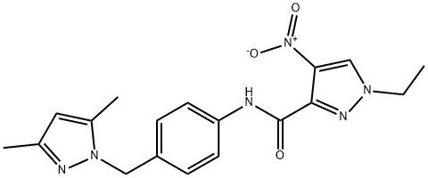 N-{4-[(3,5-dimethyl-1H-pyrazol-1-yl)methyl]phenyl}-1-ethyl-4-nitro-1H-pyrazole-3-carboxamide 结构式