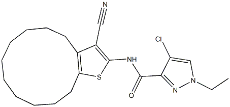 4-chloro-N-(3-cyano-4,5,6,7,8,9,10,11,12,13-decahydrocyclododeca[b]thien-2-yl)-1-ethyl-1H-pyrazole-3-carboxamide 结构式