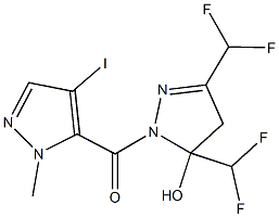 3,5-bis(difluoromethyl)-1-[(4-iodo-1-methyl-1H-pyrazol-5-yl)carbonyl]-4,5-dihydro-1H-pyrazol-5-ol 化学構造式