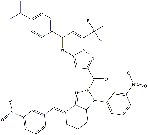 2-[(7-{3-nitrobenzylidene}-3-{3-nitrophenyl}-3,3a,4,5,6,7-hexahydro-2H-indazol-2-yl)carbonyl]-5-(4-isopropylphenyl)-7-(trifluoromethyl)pyrazolo[1,5-a]pyrimidine 结构式